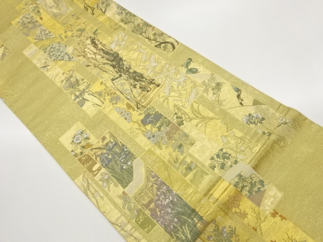 JAPANESE KIMONO / FUKURO OBI / SILK / WOVEN TANZAKU & CRANES & FLORAL PLANTS